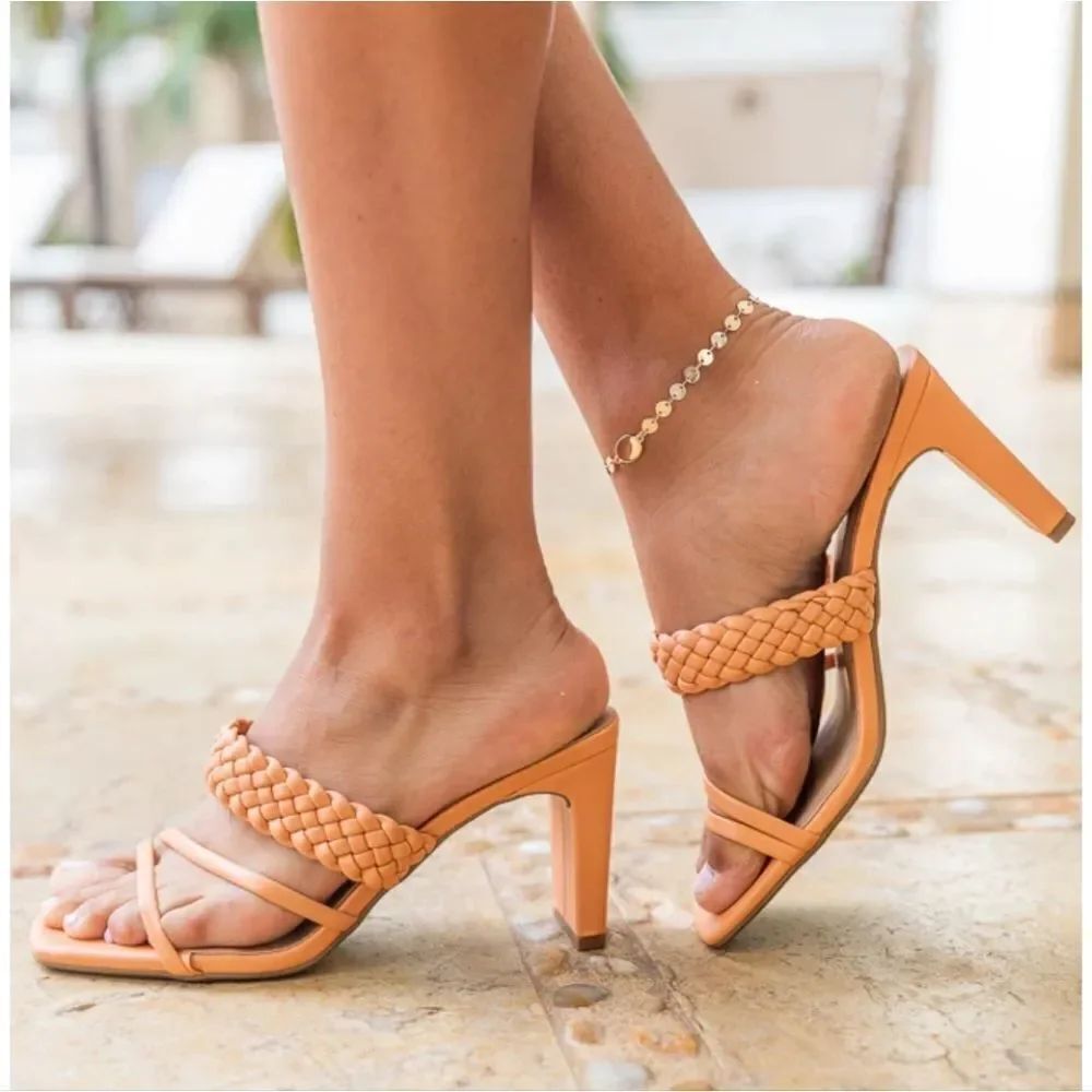 NEW WOMEN'S BRAIDED HEELED MULES SQUARE TOE BLOCK HEEL SANDALS CARMEN BY SODA